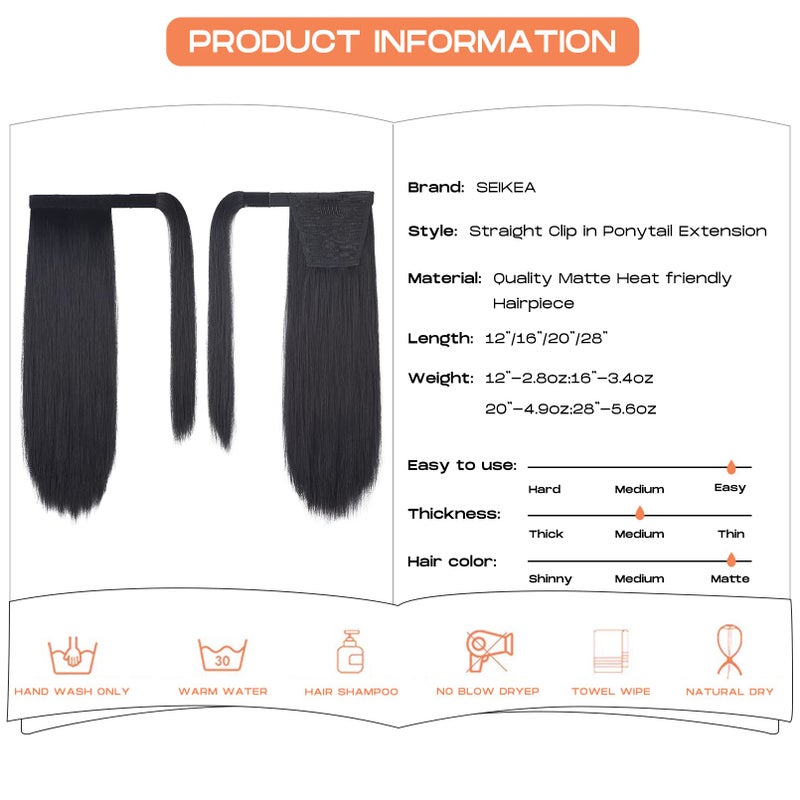 SEIKEA Clip in Ponytail Extension Wrap Around Straight Hair for Women (16'', Black) - Image 3